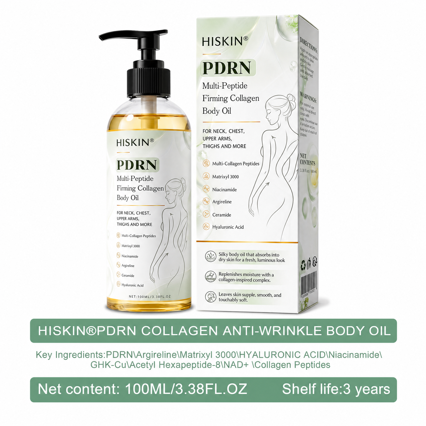 FDA Official: HISKIN® PDRN Multi-Peptide Firming Collagen Body Oil- Anti-aging, Hydrating, Skin Firming & Lifting, Skin Repair, Even Tone, Acne and Dark Spot Treatment, Wart and Mole Removal, and Psoriasis Relief.