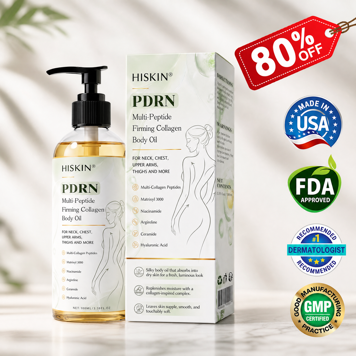 FDA Official: HISKIN® PDRN Multi-Peptide Firming Collagen Body Oil- Anti-aging, Hydrating, Skin Firming & Lifting, Skin Repair, Even Tone, Acne and Dark Spot Treatment, Wart and Mole Removal, and Psoriasis Relief.